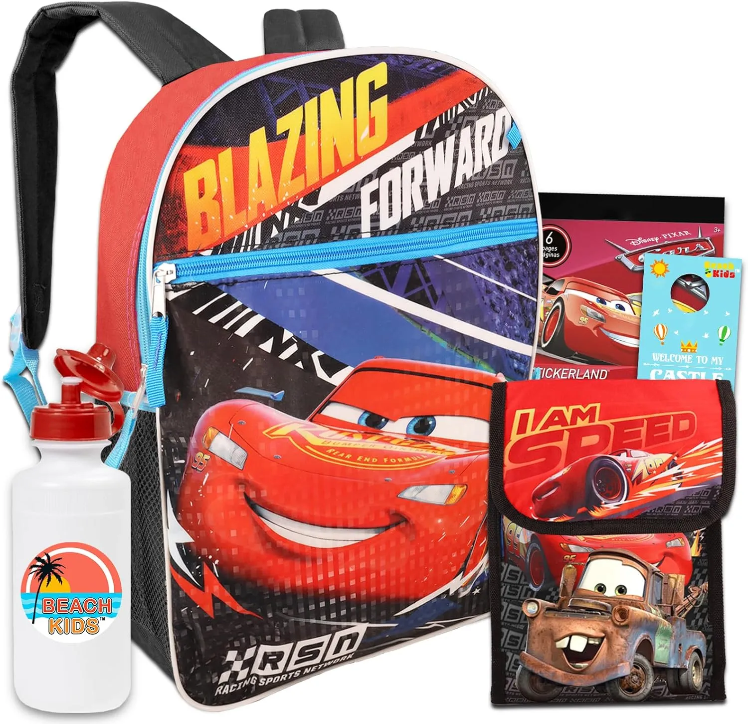 Disney Cars Backpack Bundle with 15" Cars School Bag Lunch Box, and More