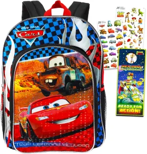 Disney Cars Backpack School Set for Boys Kids ~ Bundle with Deluxe 16 Inch Cars Lightning McQueen School Bag, 350  Stickers, and More (Disney Cars School Supplies)