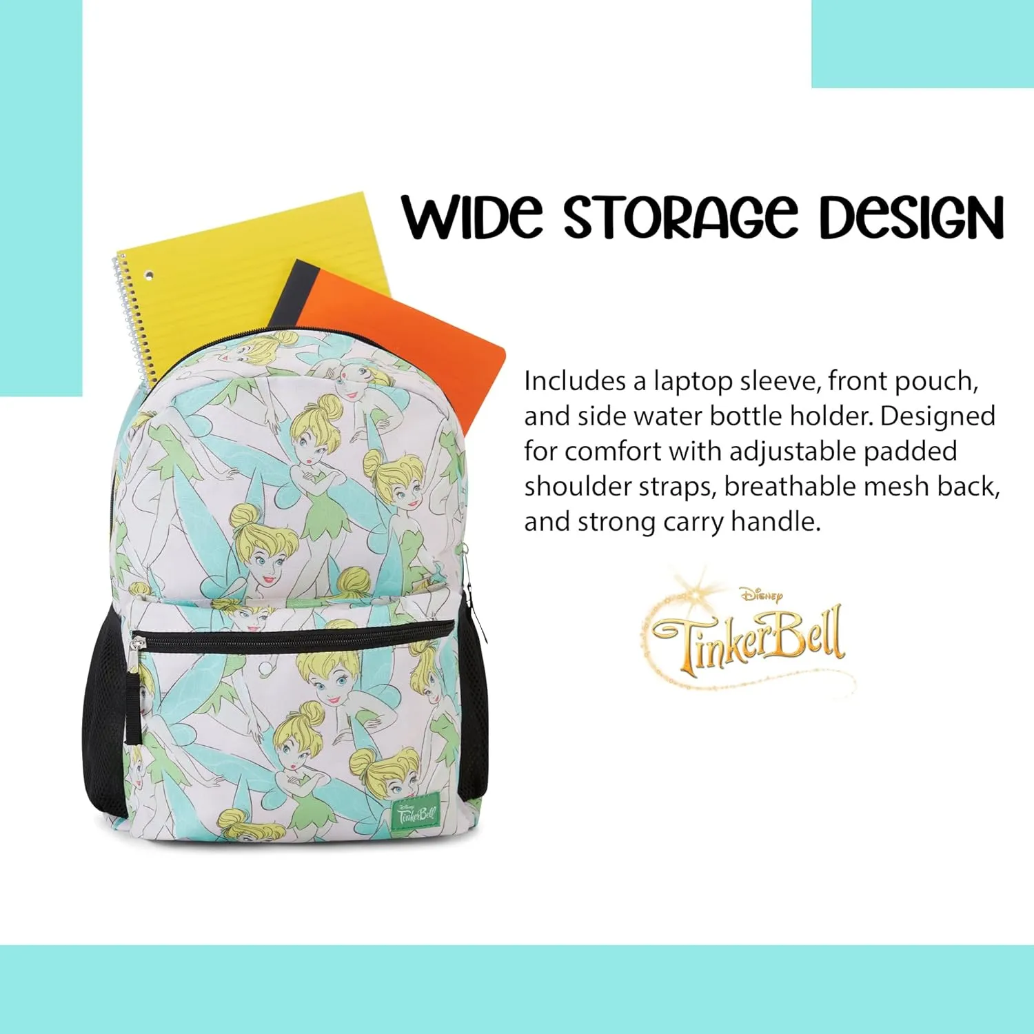 Disney Tinker Bell Allover Backpack - Tinker Bell Fairy Backpack - Officially Licenced School Bookbag (White)