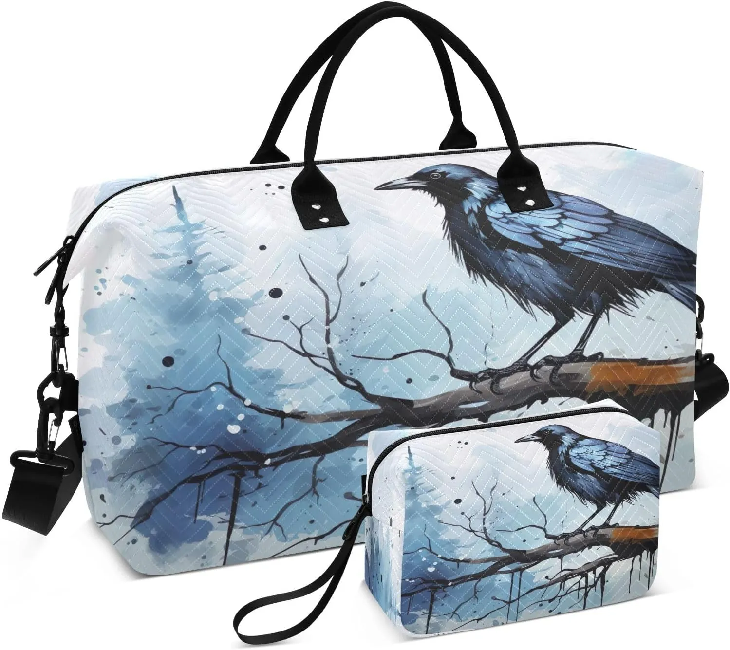 DOMIKING Crows Raven Travel Duffle Bag Foldable Weekender Overnight Bags for Women Men Carry On Tote Bag Personal Item Travel Bag with Toiletry Bag for Travel Men Business, 2 Pcs