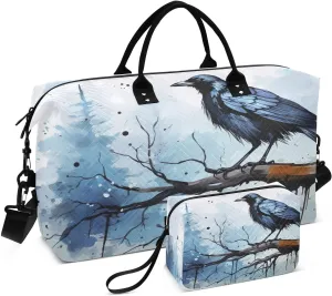 DOMIKING Crows Raven Travel Duffle Bag Foldable Weekender Overnight Bags for Women Men Carry On Tote Bag Personal Item Travel Bag with Toiletry Bag for Travel Men Business, 2 Pcs