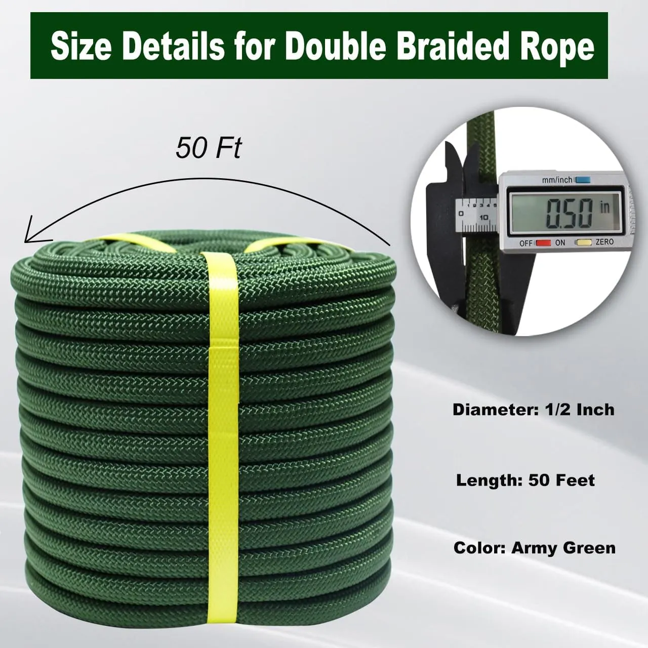 Double Braided Arborist Rope - 1/2 Inch x 50 Feet Polyester High Strength Climbing Rope for Tree Work, Halyard, Sailing (ArmyGreen)