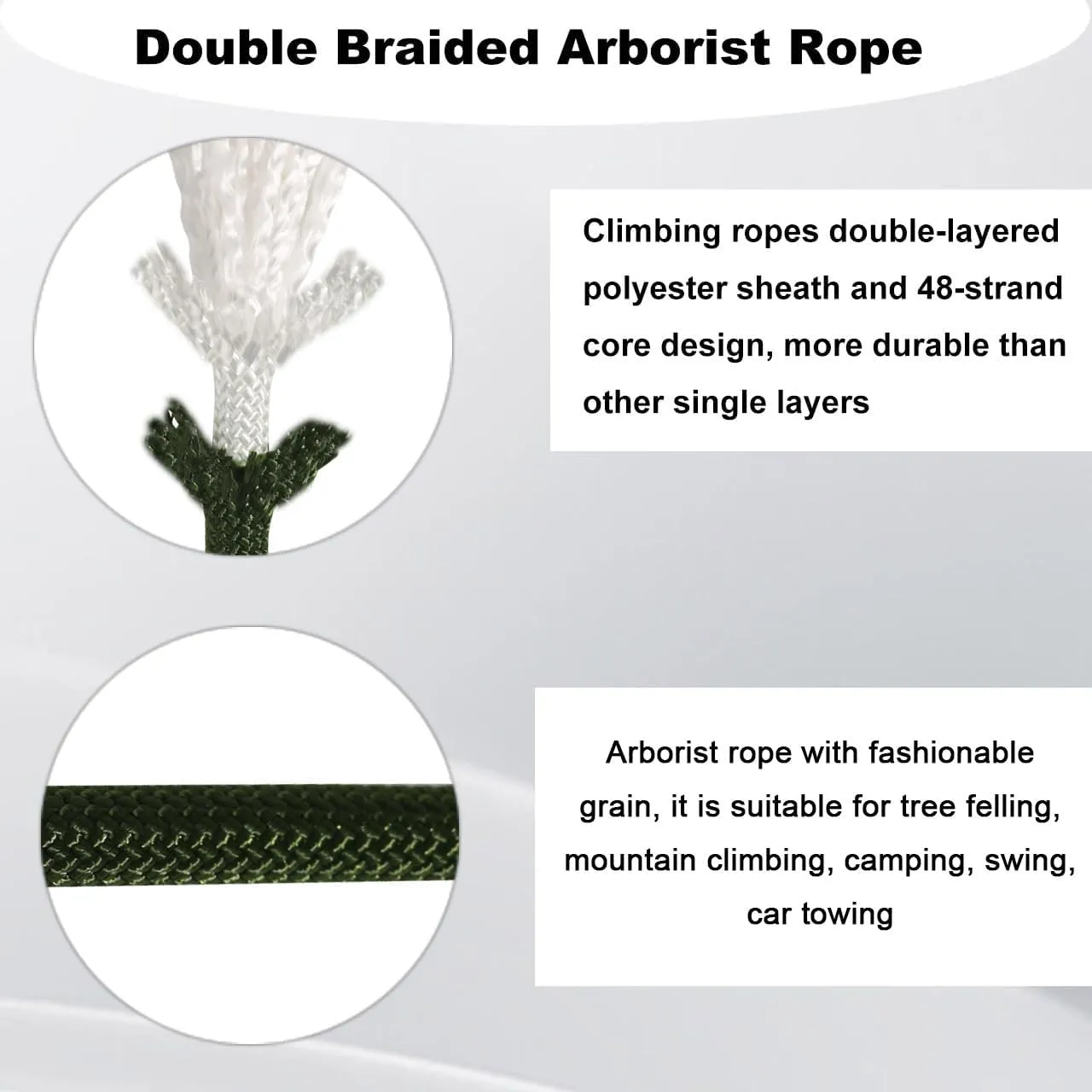 Double Braided Arborist Rope - 1/2 Inch x 50 Feet Polyester High Strength Climbing Rope for Tree Work, Halyard, Sailing (ArmyGreen)