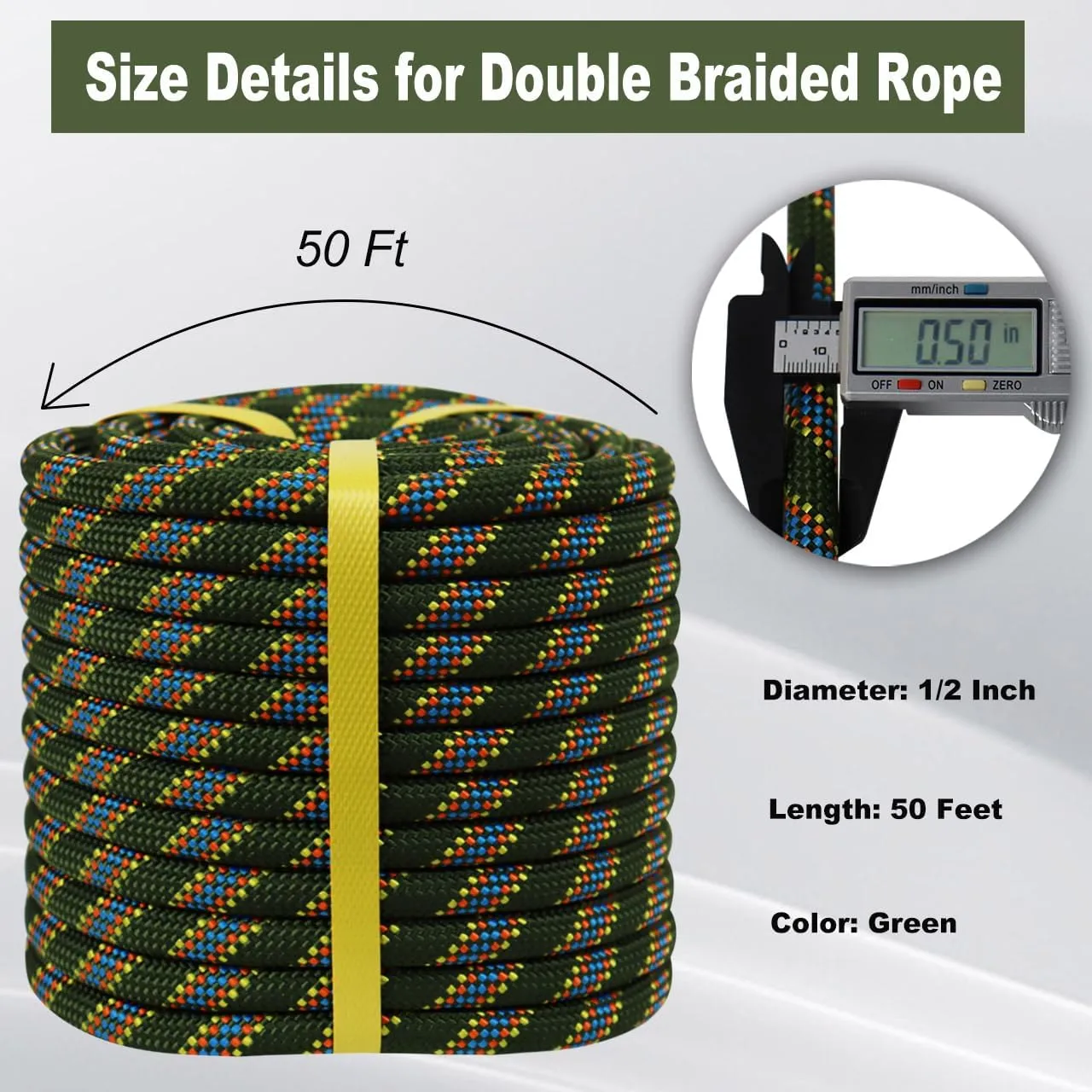 Double Braided Arborist Rope - 1/2 Inch x 50 Feet Polyester Rope - High Strength Climbing Rope for Tree Work, Halyard, Sailing (ArmyGreen/Blue)