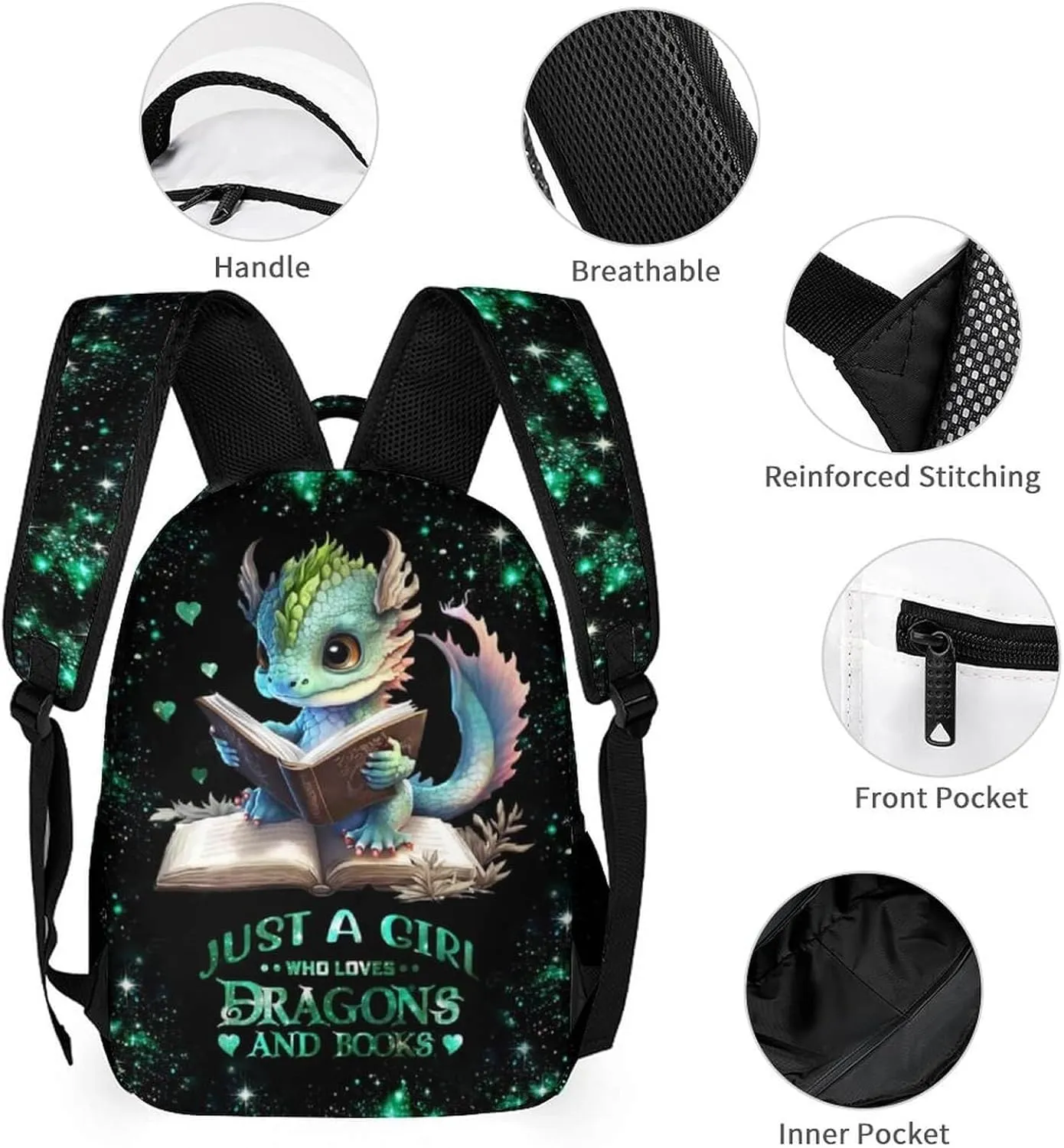 Dragon Backpack with Lunch Box & Pencil Case, 16 Inch Cute Dragon Themed Bookbag, Adjustable Lightweight Large Capacity, Colorful Dragon Backpack Set for Kids Girls Boys School