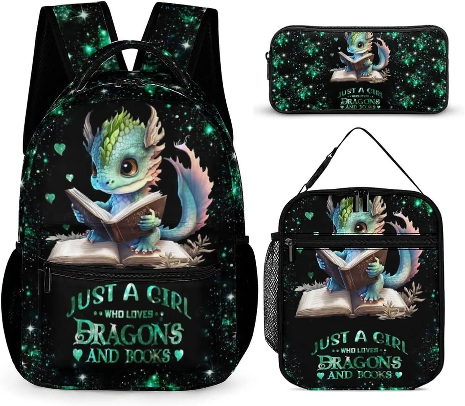 Dragon Backpack with Lunch Box & Pencil Case, 16 Inch Cute Dragon Themed Bookbag, Adjustable Lightweight Large Capacity, Colorful Dragon Backpack Set for Kids Girls Boys School