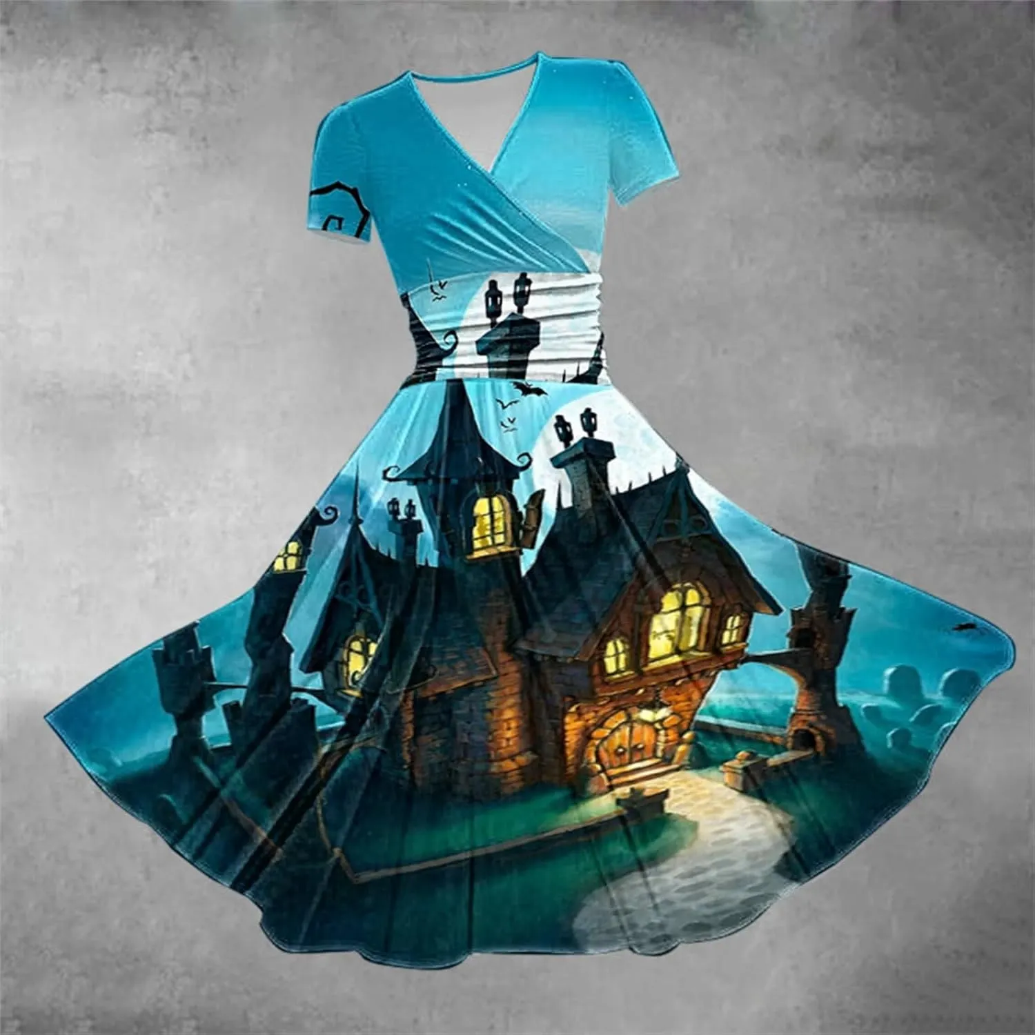 Dress Christmas Printed V Neck Short Sleeve Casual Dresses Halloween Costumes Dress Witch Costume Women Womens