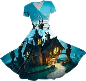 Dress Christmas Printed V Neck Short Sleeve Casual Dresses Halloween Costumes Dress Witch Costume Women Womens