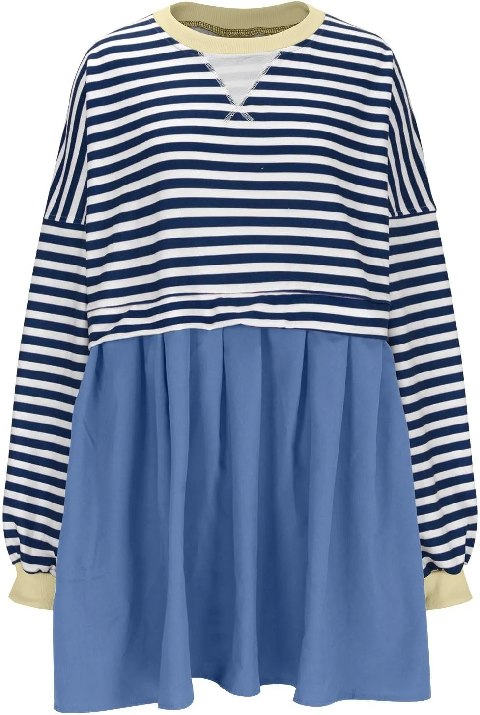 Dresses for Women 2024 Trendy Patchwork Striped Causal Long Sleeve Crewneck Sweatshirt Dress Cute Ruffle Mini Dress