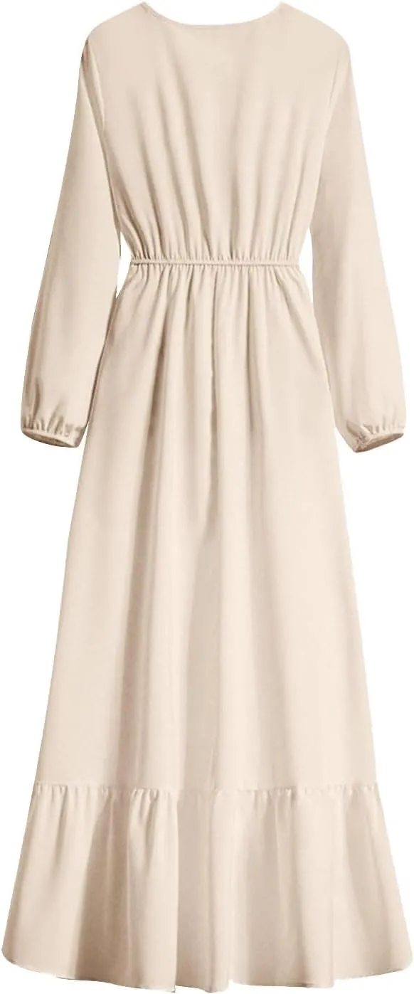 Dresses for Women Fall Casual 2024 Big Hem Elastic Waist Flowy Dress Long Sleeve Comfy Outdoor Vacation Maxi Dresses