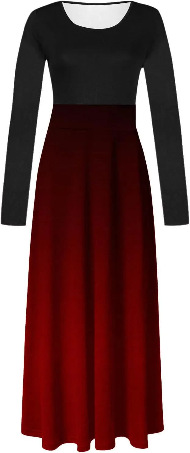 Dressy Dresses for Women Plus Size Long Sleeve Elastic Waist Crewneck Ruffle Maxi Dress Causal Gradient Color Dresses