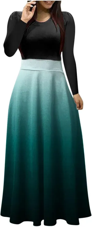Dressy Dresses for Women Plus Size Long Sleeve Elastic Waist Crewneck Ruffle Maxi Dress Causal Gradient Color Dresses