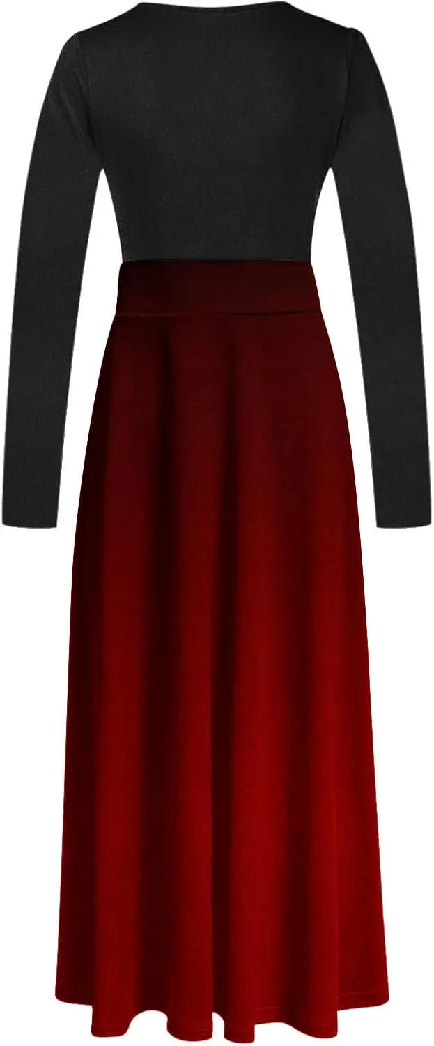 Dressy Dresses for Women Plus Size Long Sleeve Elastic Waist Crewneck Ruffle Maxi Dress Causal Gradient Color Dresses