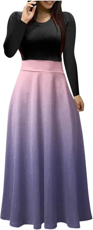 Dressy Dresses for Women Plus Size Long Sleeve Elastic Waist Crewneck Ruffle Maxi Dress Causal Gradient Color Dresses
