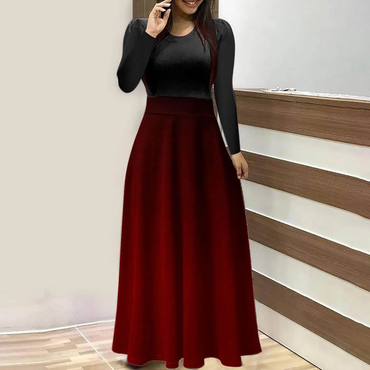 Dressy Dresses for Women Plus Size Long Sleeve Elastic Waist Crewneck Ruffle Maxi Dress Causal Gradient Color Dresses