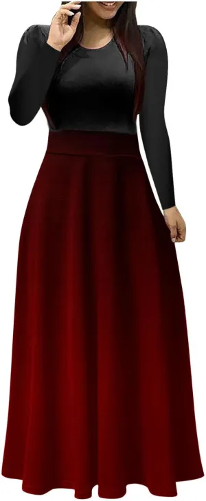Dressy Dresses for Women Plus Size Long Sleeve Elastic Waist Crewneck Ruffle Maxi Dress Causal Gradient Color Dresses