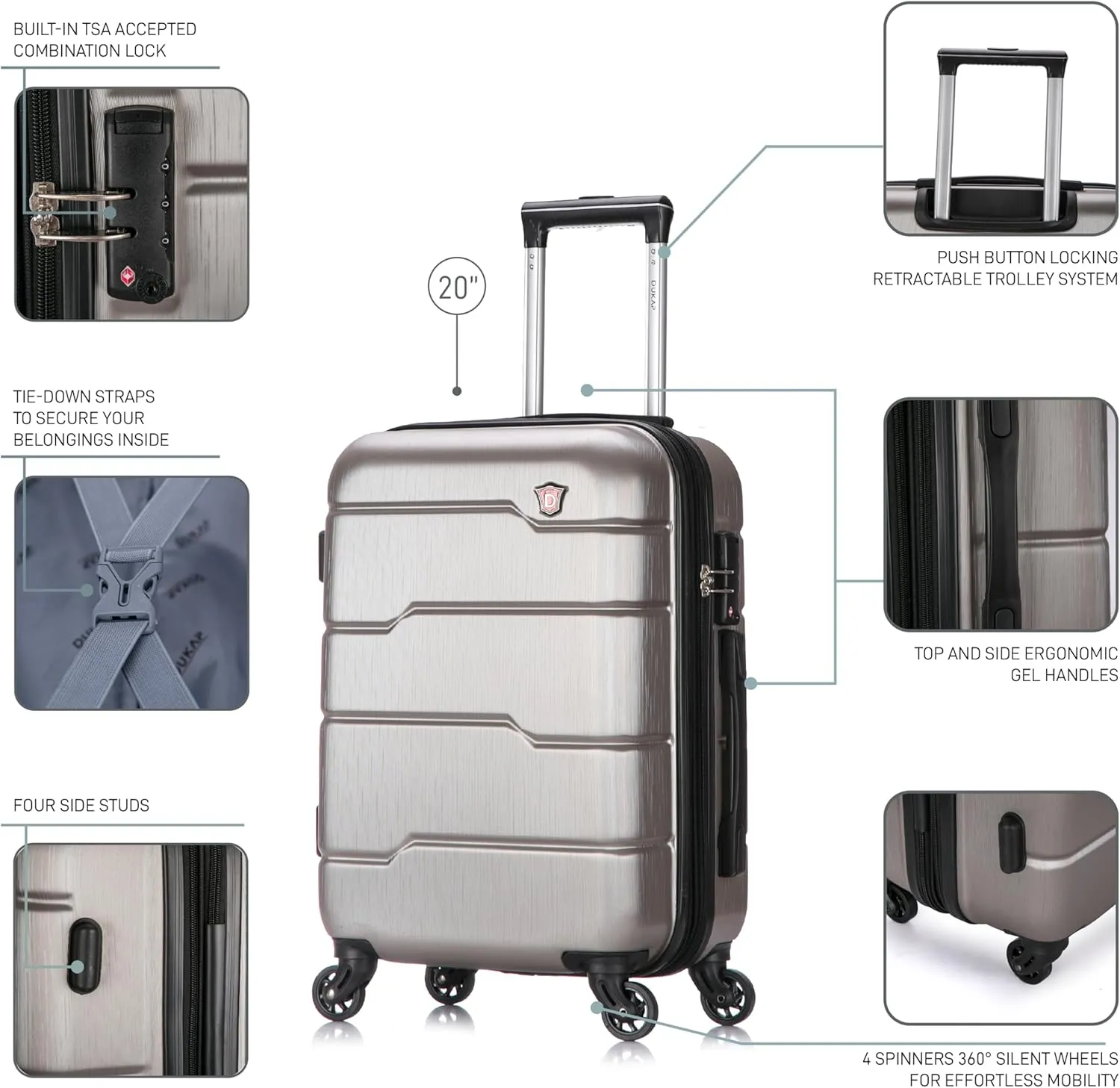 DUKAP RODEZ Hardside Luggage with Ergonomic Handles and TSA Lock | Spacious Traveling Suitcase, Travel Suitcase with Four Spinner Wheels and Studs | 20 Inch Carry On Luggage | Silver