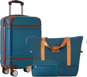 Durable Hardshell Luggage Set with Travel Bags, Easy Carry-on Suitcase and Double Spinner Wheels, 20-Inch, Blue