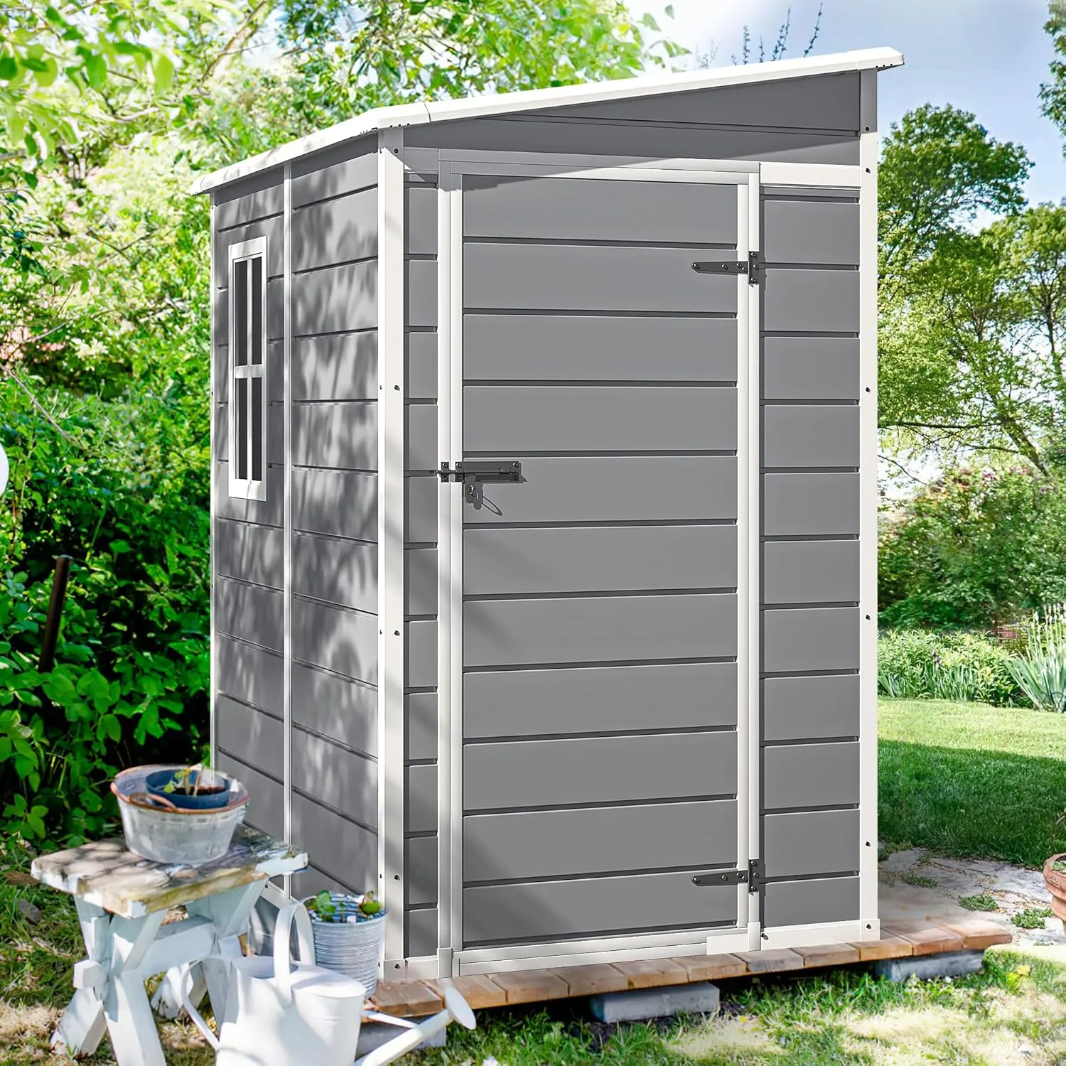 DWVO 5x4ft Resin Outdoor Storage Shed with Floor, Large Waterproof Lockable Storage Shed with Window, Plastic Outside Tool Storage for Garden, Backyard, Patio, Lawn (Gray)