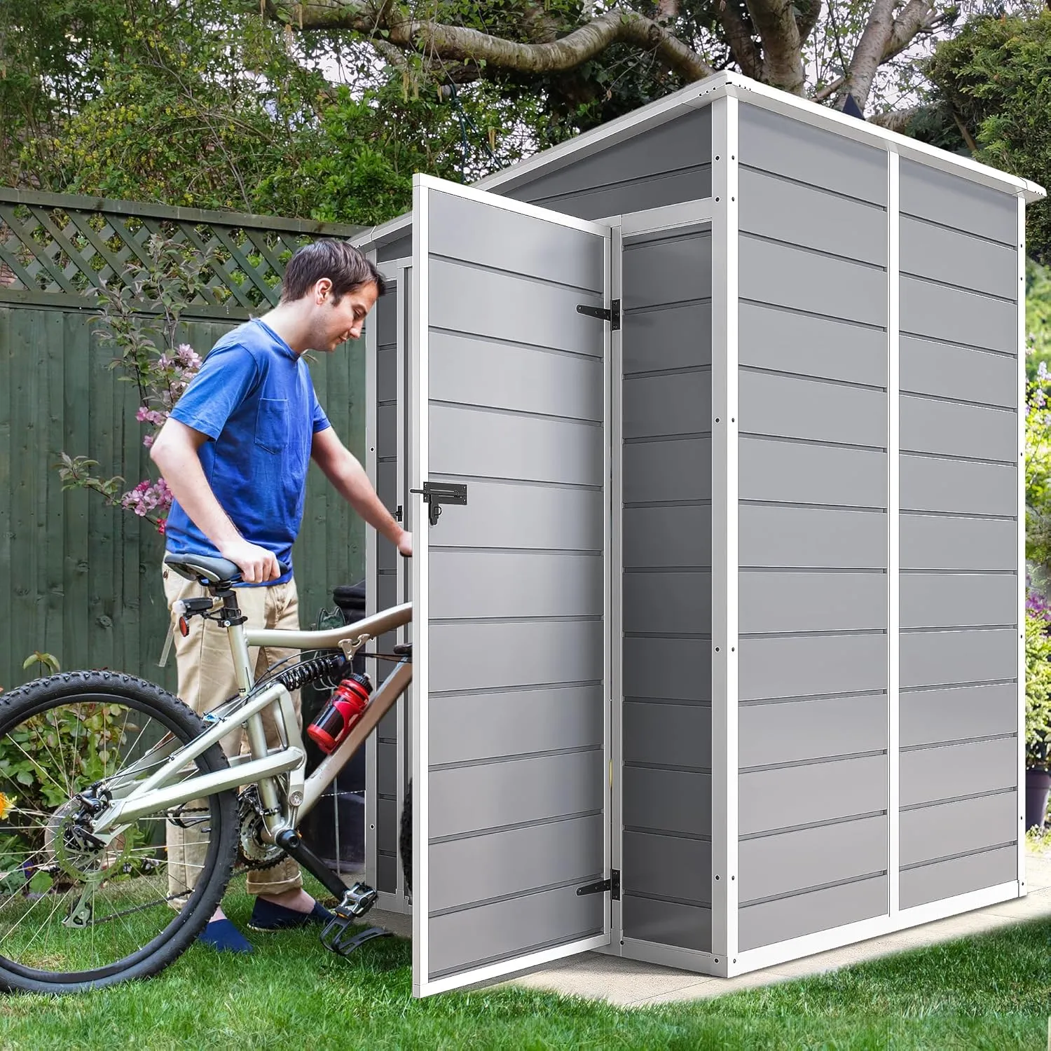 DWVO 5x4ft Resin Outdoor Storage Shed with Floor, Large Waterproof Lockable Storage Shed with Window, Plastic Outside Tool Storage for Garden, Backyard, Patio, Lawn (Gray)