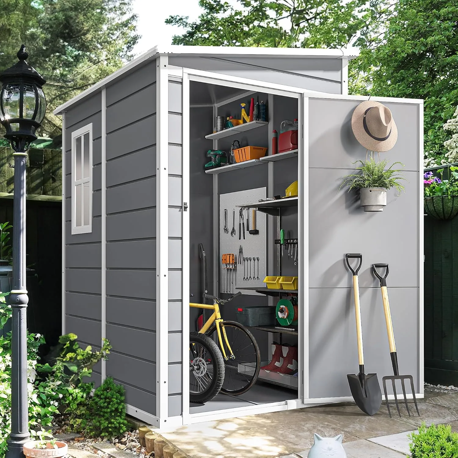 DWVO 5x4ft Resin Outdoor Storage Shed with Floor, Large Waterproof Lockable Storage Shed with Window, Plastic Outside Tool Storage for Garden, Backyard, Patio, Lawn (Gray)