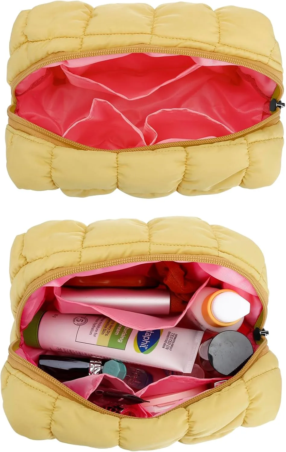 E-Tree Cute Makeup Bag,Quilted Cosmetic Bag,Make up Pouch for Purse,Toiletry Zipper Pouch,Checkered Bag,Travel Case,Storage Pouches for Organization (Yellow)