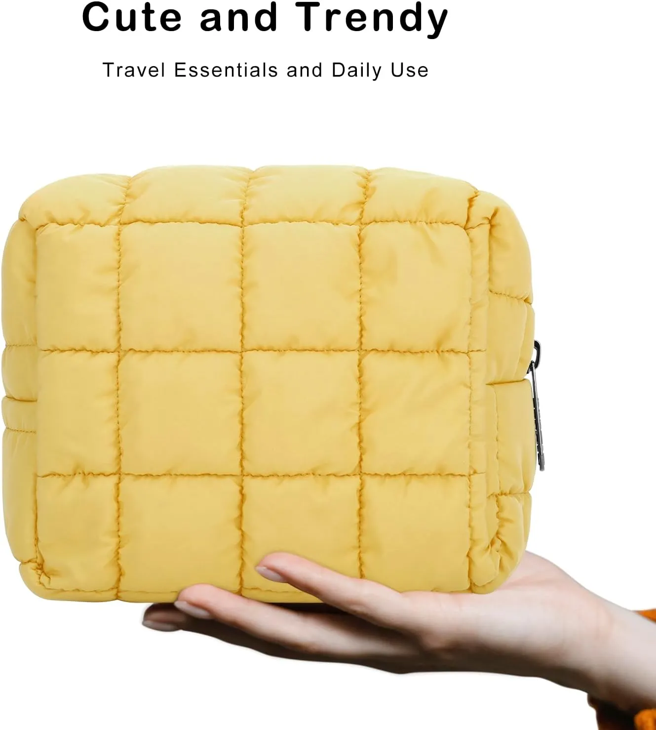 E-Tree Cute Makeup Bag,Quilted Cosmetic Bag,Make up Pouch for Purse,Toiletry Zipper Pouch,Checkered Bag,Travel Case,Storage Pouches for Organization (Yellow)