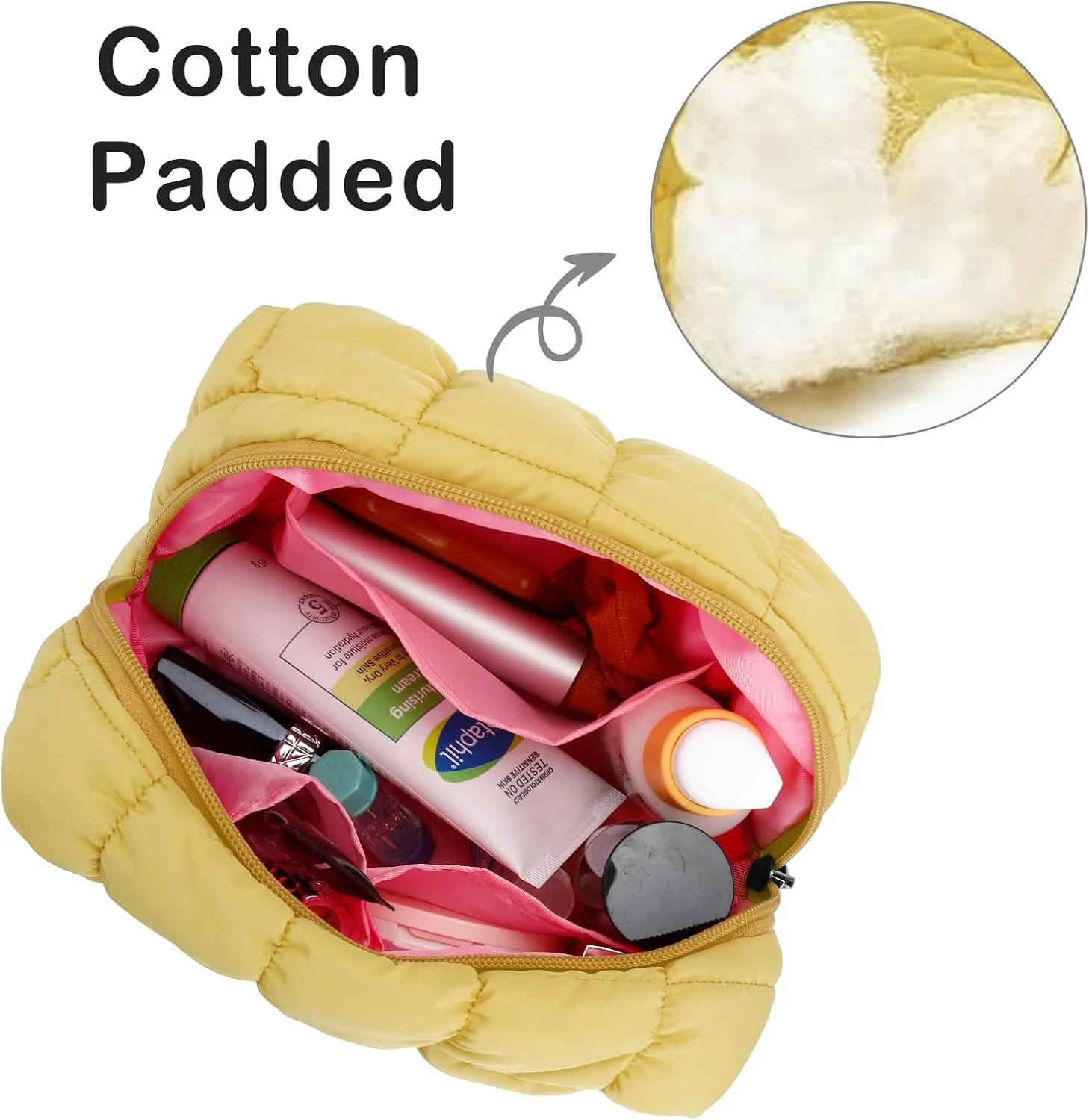 E-Tree Cute Makeup Bag,Quilted Cosmetic Bag,Make up Pouch for Purse,Toiletry Zipper Pouch,Checkered Bag,Travel Case,Storage Pouches for Organization (Yellow)