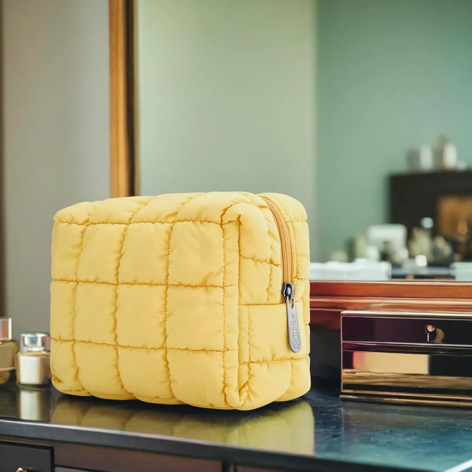 E-Tree Cute Makeup Bag,Quilted Cosmetic Bag,Make up Pouch for Purse,Toiletry Zipper Pouch,Checkered Bag,Travel Case,Storage Pouches for Organization (Yellow)