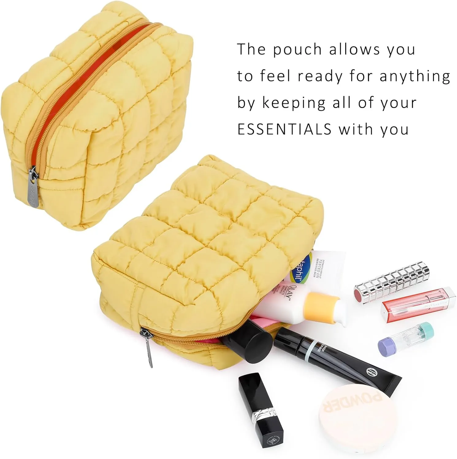 E-Tree Cute Makeup Bag,Quilted Cosmetic Bag,Make up Pouch for Purse,Toiletry Zipper Pouch,Checkered Bag,Travel Case,Storage Pouches for Organization (Yellow)