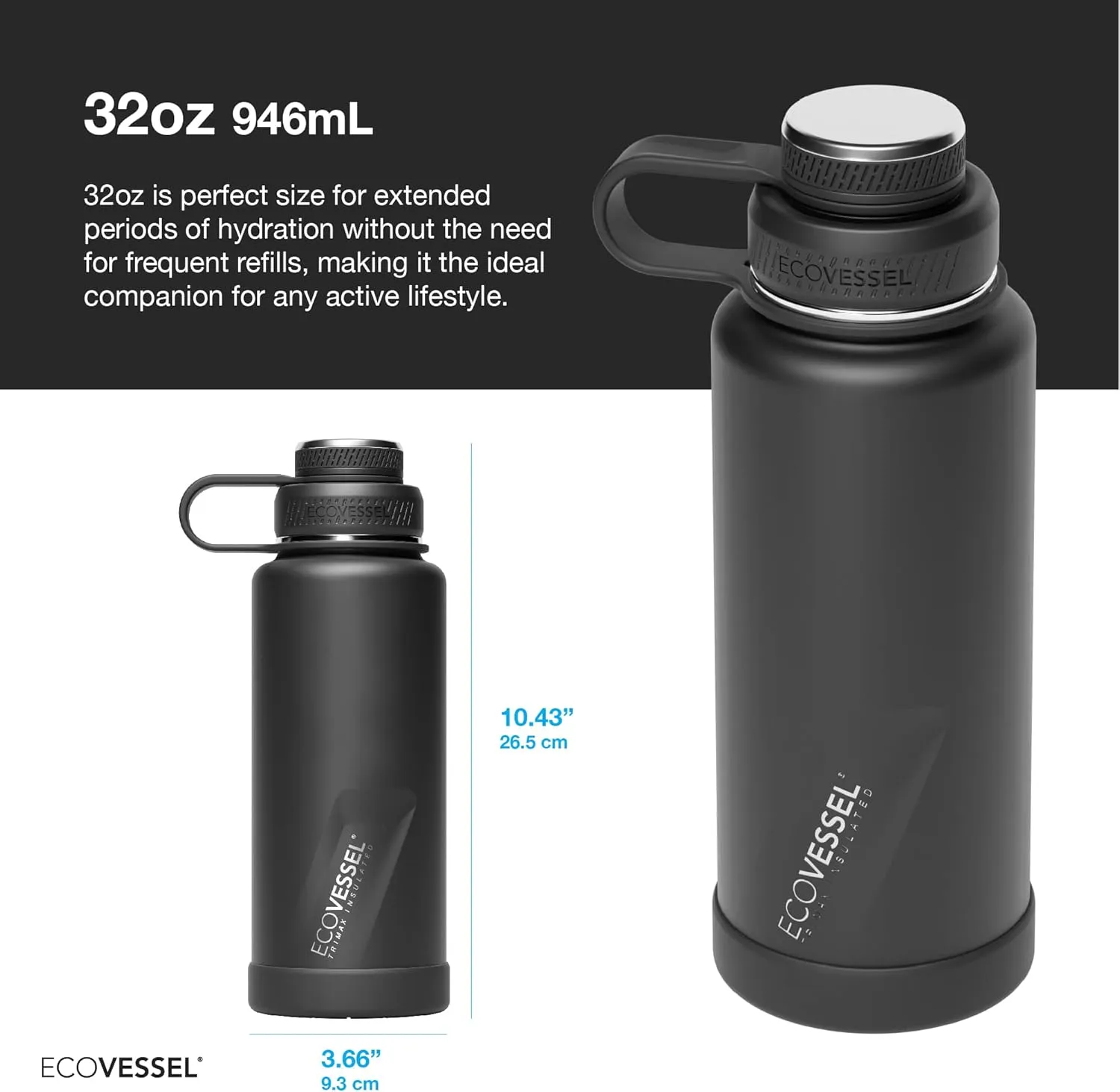 EcoVessel Stainless Steel Water Bottle with Insulated Dual Lid, Insulated Water Bottle with Strainer and Silicone Bottle Bumper, Coffee Mug – 32oz (Navy Nightfall)