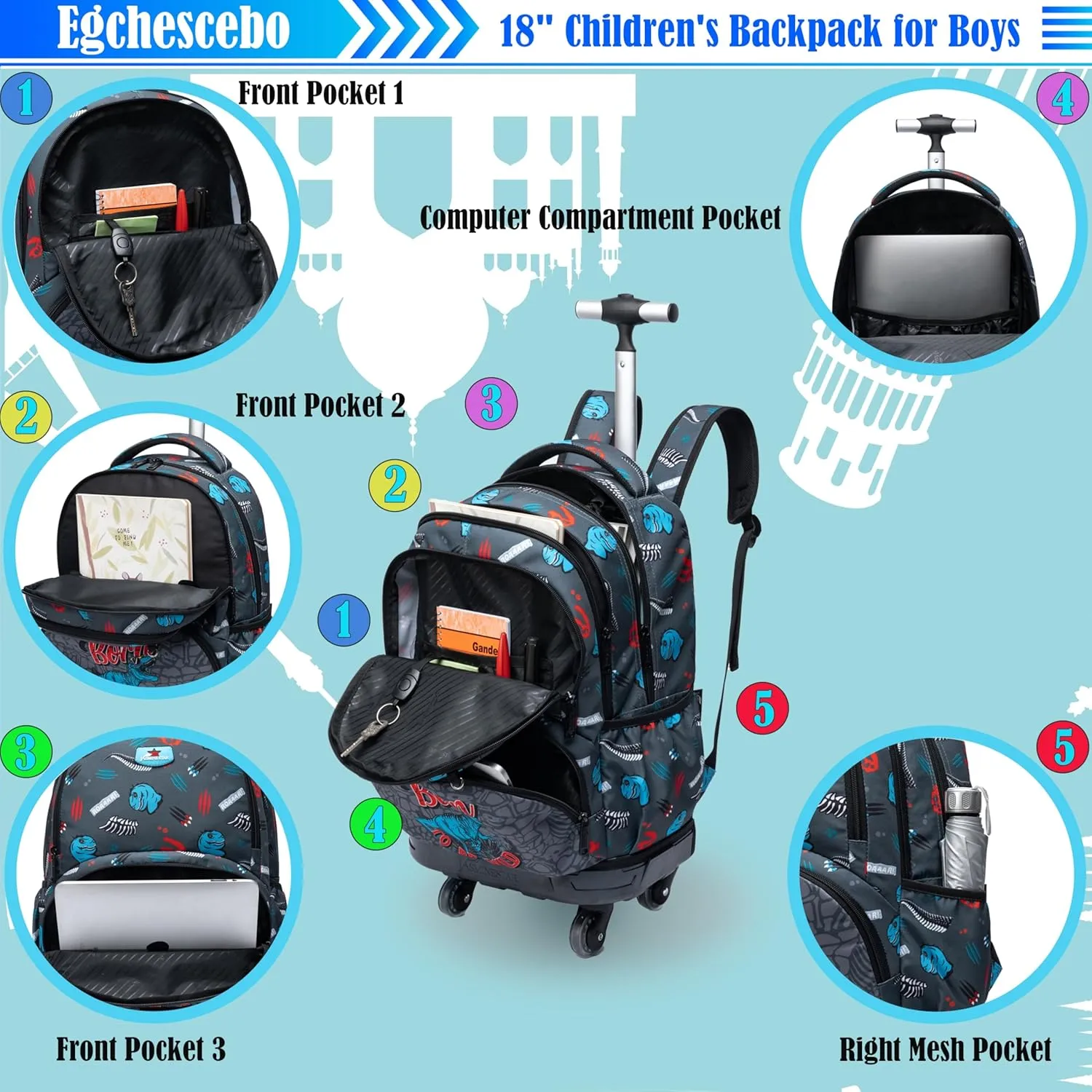 Egchescebo Kids Rolling Backpack for Boys Fossil Dinosaurs Suitcases Trolley Roller Luggage Backpacks with 360° Rotating Wheels 15" Laptop Lunch Box Pencil Case Elementary 18” Travel School Bag Blue