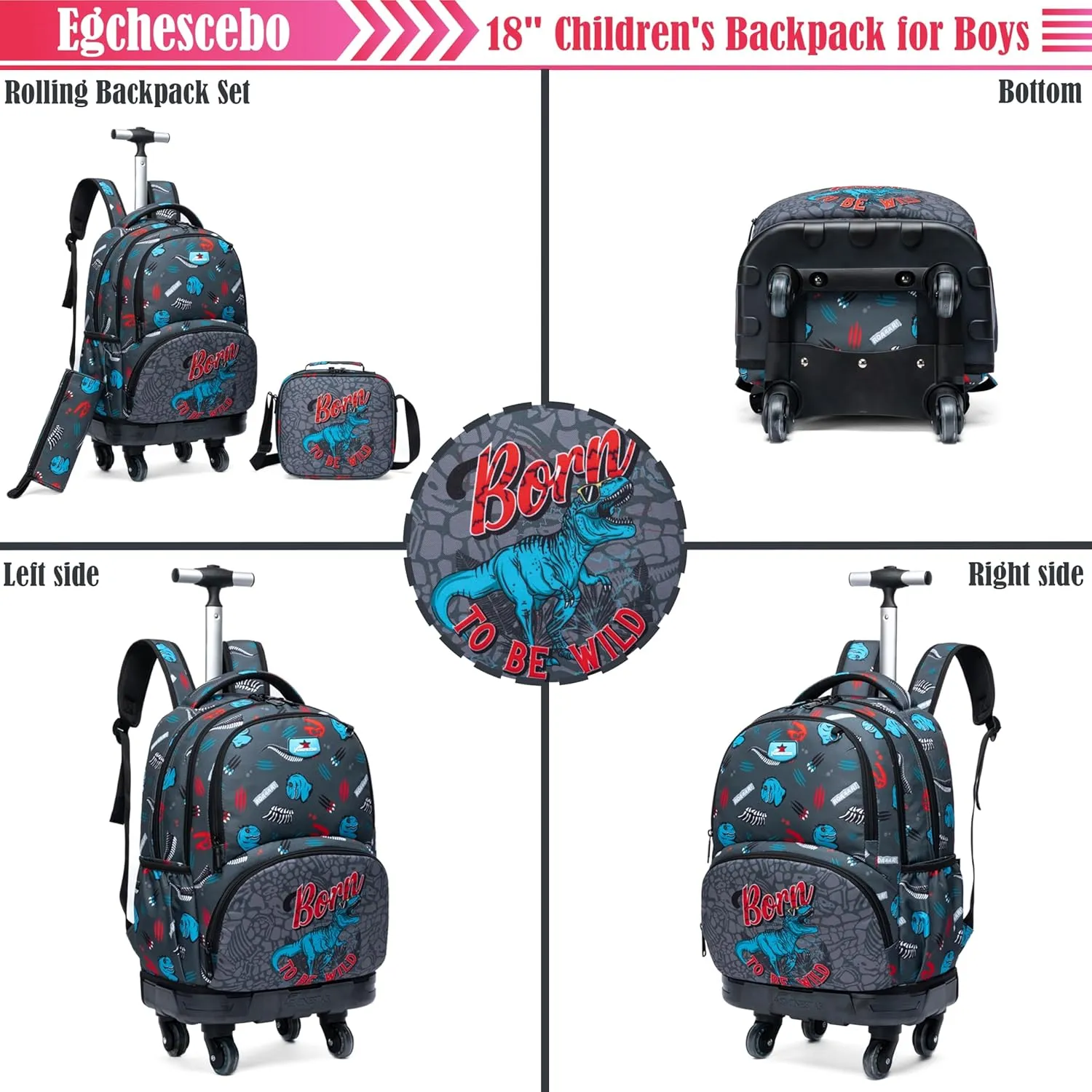 Egchescebo Kids Rolling Backpack for Boys Fossil Dinosaurs Suitcases Trolley Roller Luggage Backpacks with 360° Rotating Wheels 15" Laptop Lunch Box Pencil Case Elementary 18” Travel School Bag Blue