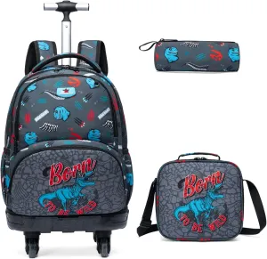 Egchescebo Kids Rolling Backpack for Boys Fossil Dinosaurs Suitcases Trolley Roller Luggage Backpacks with 360° Rotating Wheels 15" Laptop Lunch Box Pencil Case Elementary 18” Travel School Bag Blue