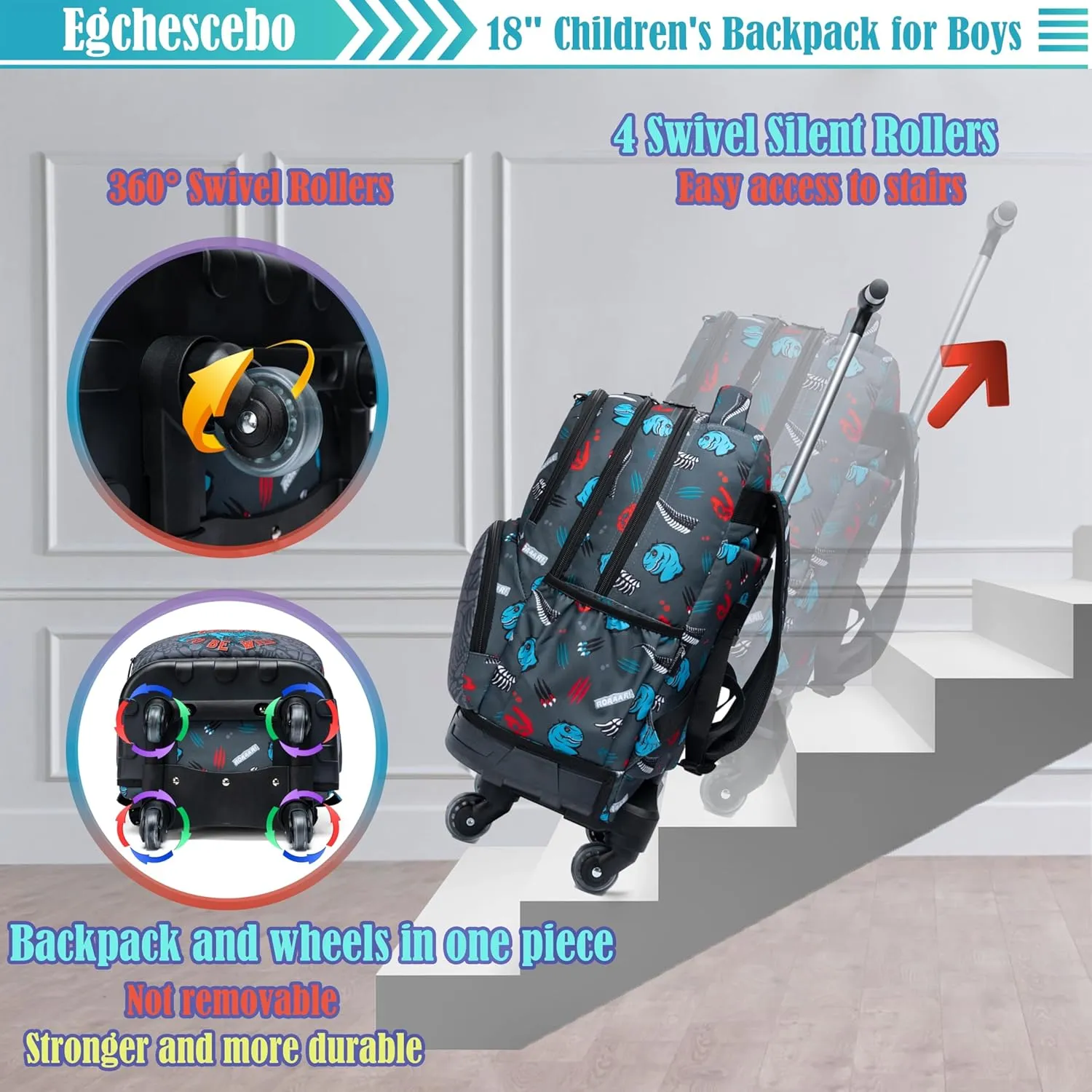 Egchescebo Kids Rolling Backpack for Boys Fossil Dinosaurs Suitcases Trolley Roller Luggage Backpacks with 360° Rotating Wheels 15" Laptop Lunch Box Pencil Case Elementary 18” Travel School Bag Blue