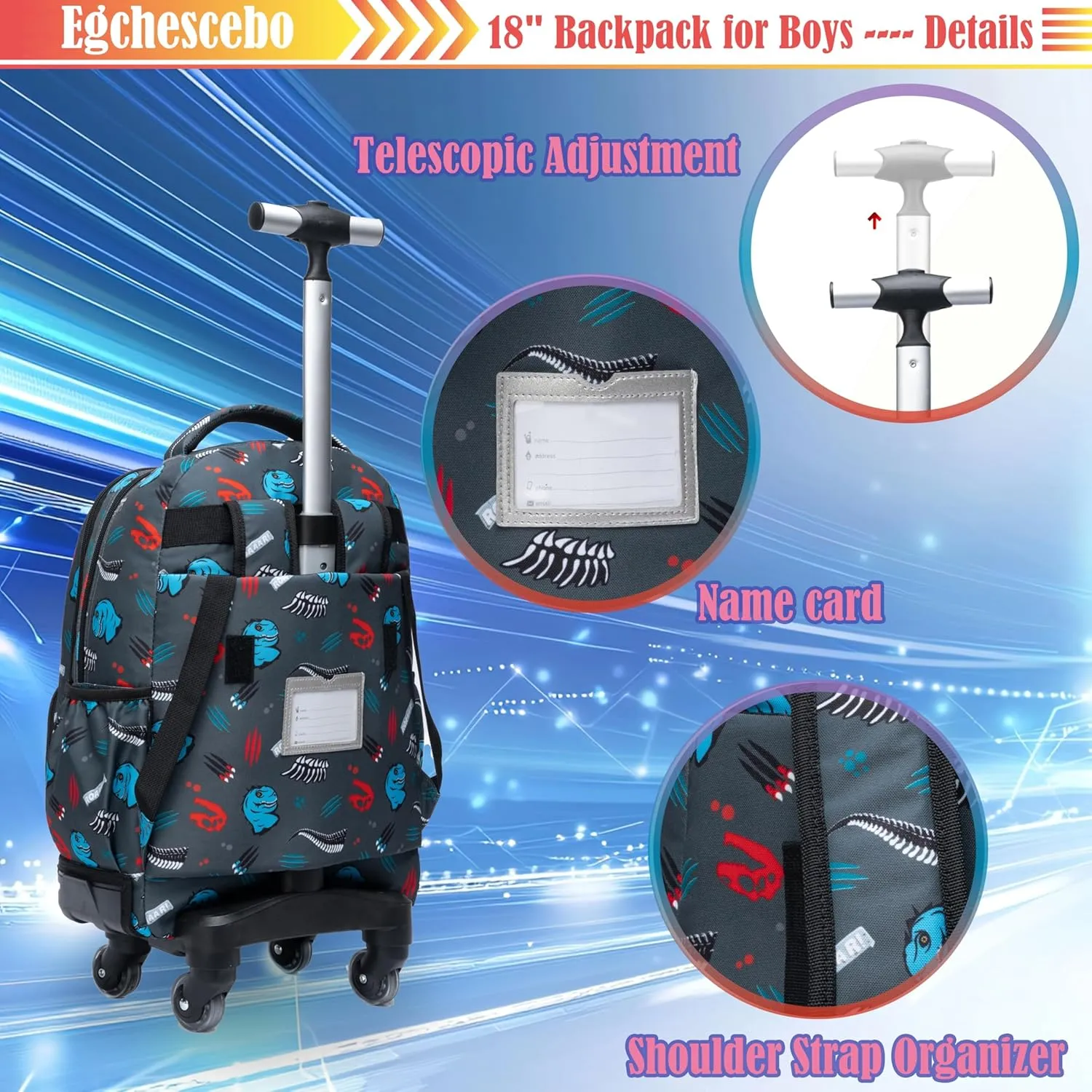 Egchescebo Kids Rolling Backpack for Boys Fossil Dinosaurs Suitcases Trolley Roller Luggage Backpacks with 360° Rotating Wheels 15" Laptop Lunch Box Pencil Case Elementary 18” Travel School Bag Blue