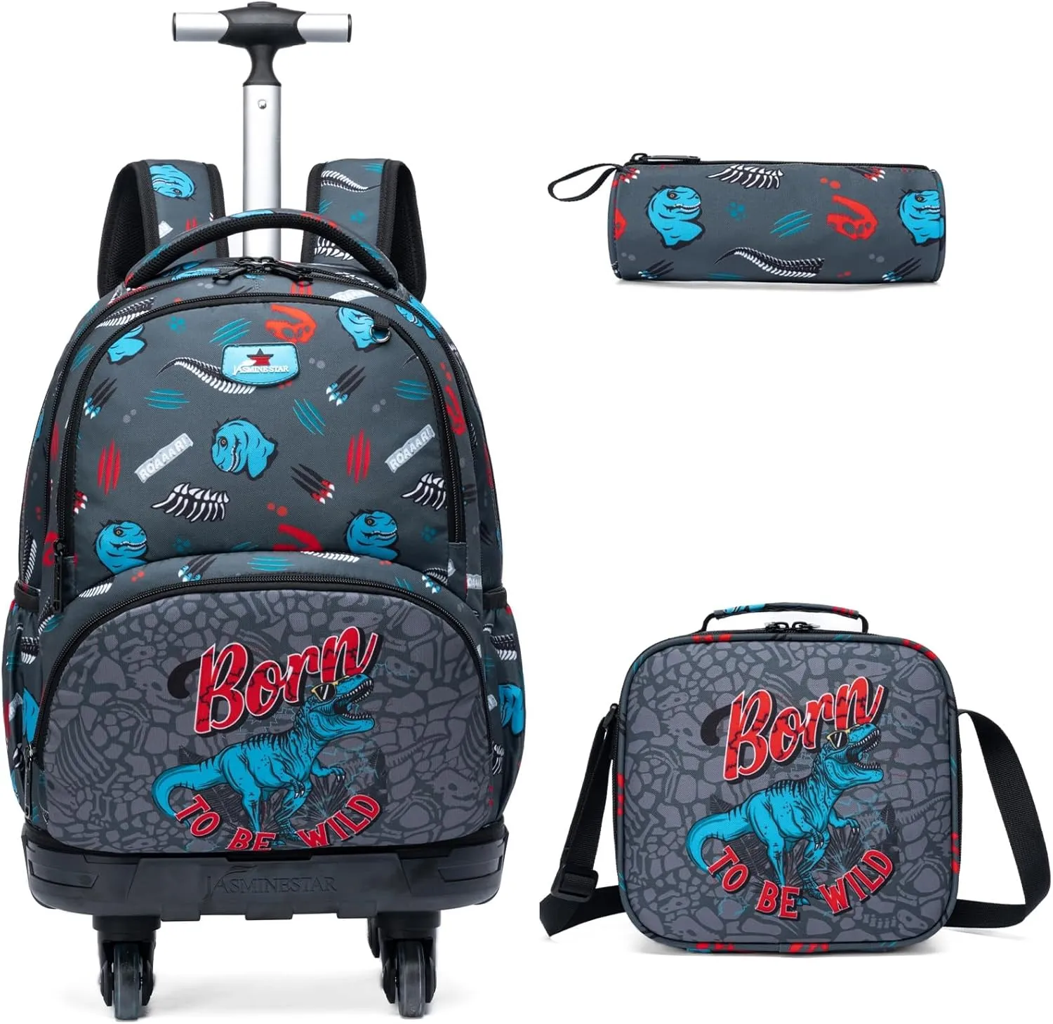 Egchescebo Kids Rolling Backpack for Boys Fossil Dinosaurs Suitcases Trolley Roller Luggage Backpacks with 360° Rotating Wheels 15" Laptop Lunch Box Pencil Case Elementary 18” Travel School Bag Blue