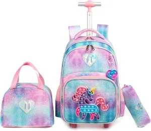 Egchescebo School Kids Rolling Backpack for Girls With Wheels Trolley Wheeled Backpack