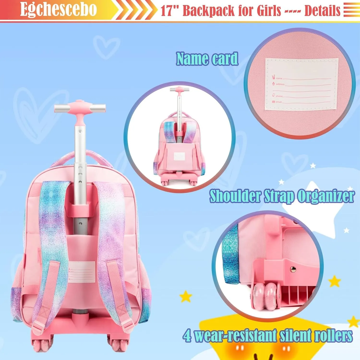 Egchescebo School Kids Rolling Backpack for Girls With Wheels Trolley Wheeled Backpack