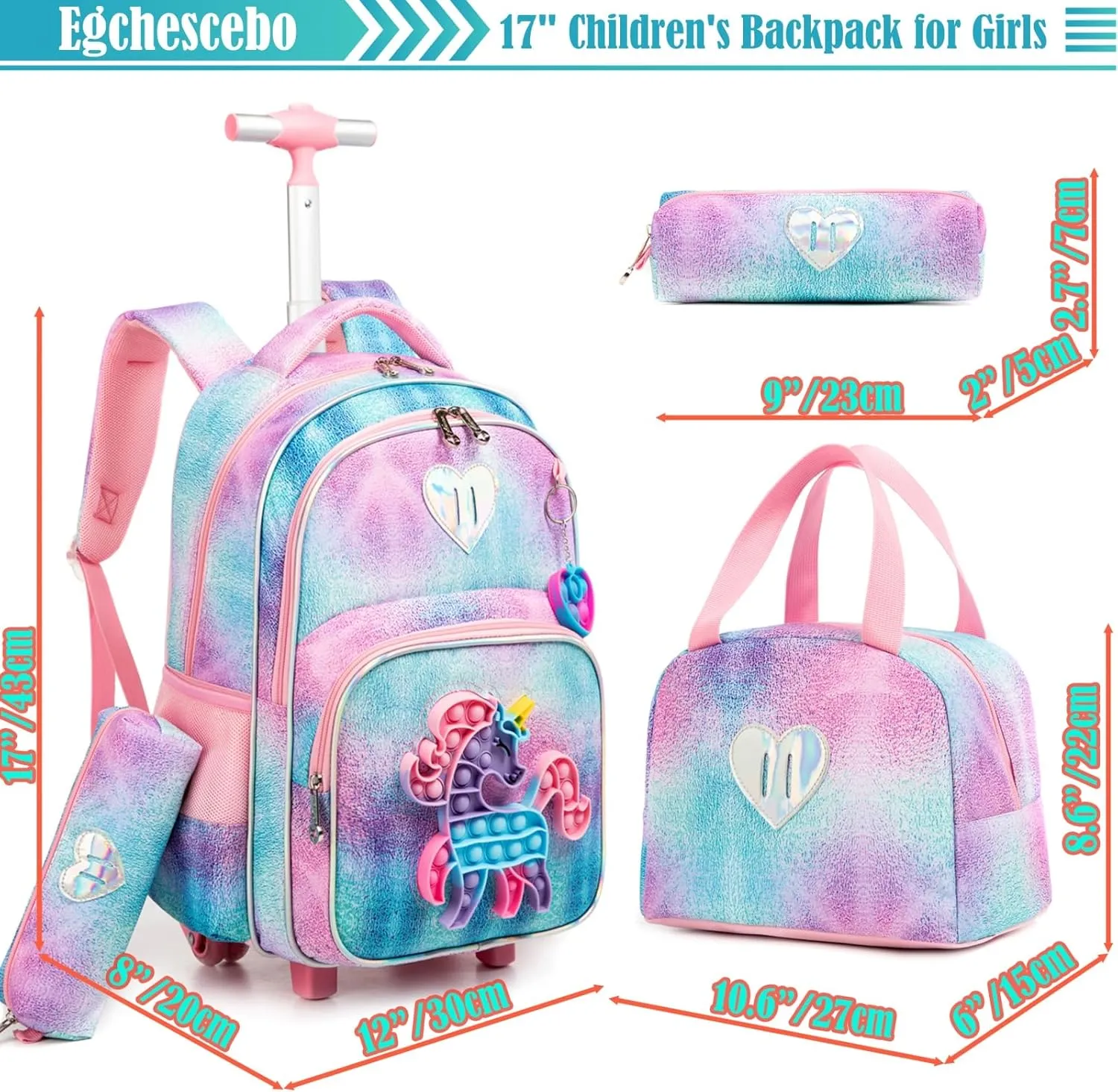 Egchescebo School Kids Rolling Backpack for Girls With Wheels Trolley Wheeled Backpack