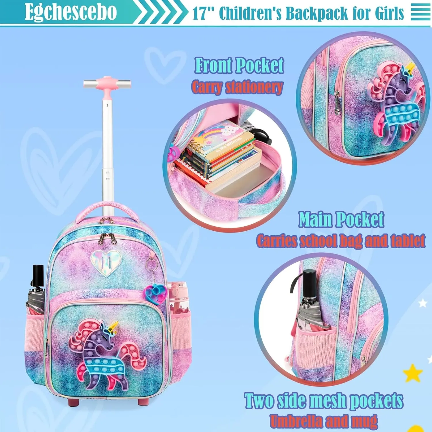 Egchescebo School Kids Rolling Backpack for Girls With Wheels Trolley Wheeled Backpack