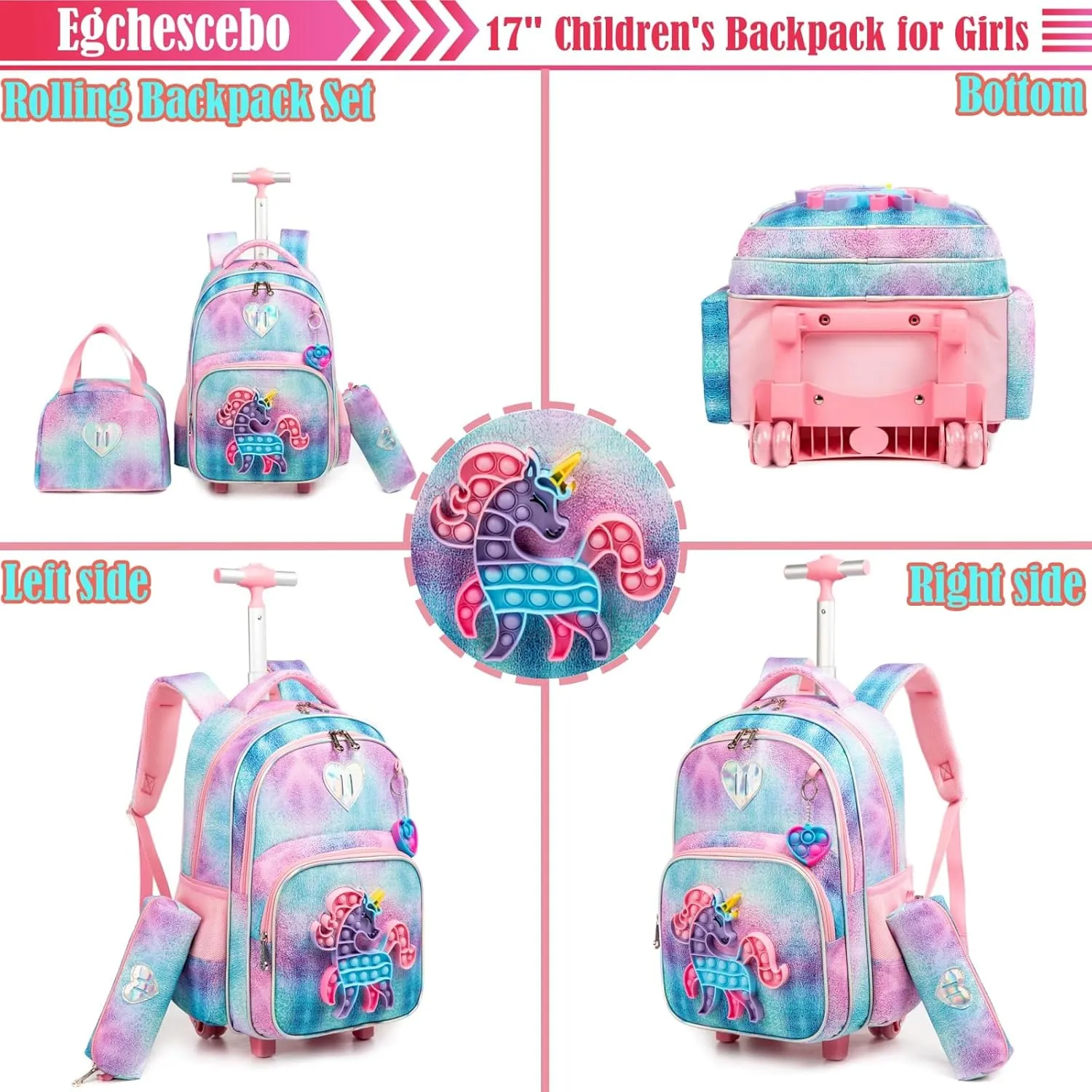 Egchescebo School Kids Rolling Backpack for Girls With Wheels Trolley Wheeled Backpack