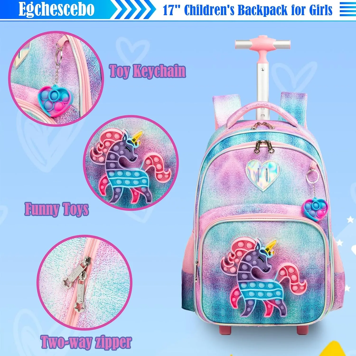 Egchescebo School Kids Rolling Backpack for Girls With Wheels Trolley Wheeled Backpack