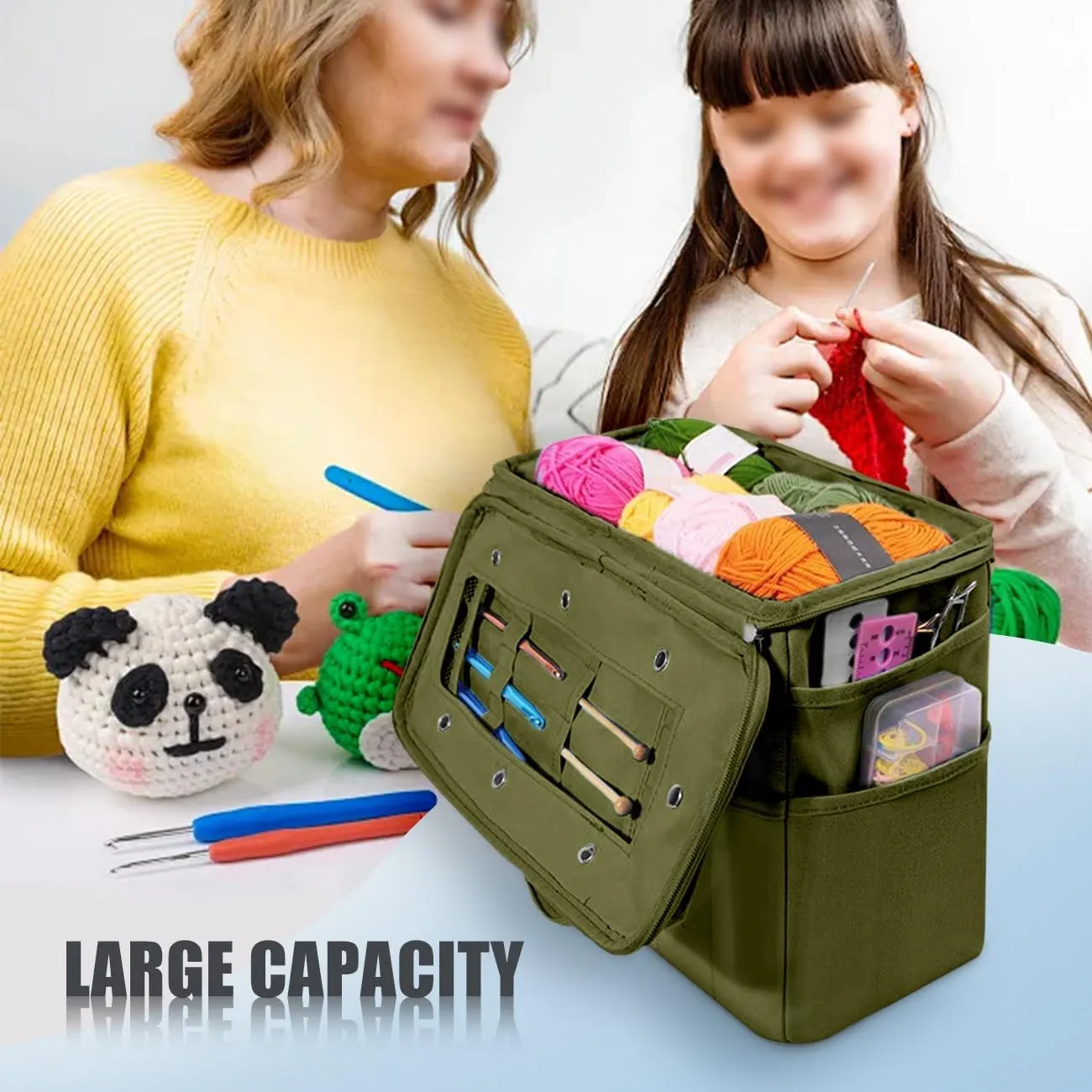 EHERDM Crochet Storage Bag Large Capacity Yarn Organizer Crocheting Supplies Holder Portable Handheld Knitting Tote for Travel Gift for DIY Craft Lovers Army Green