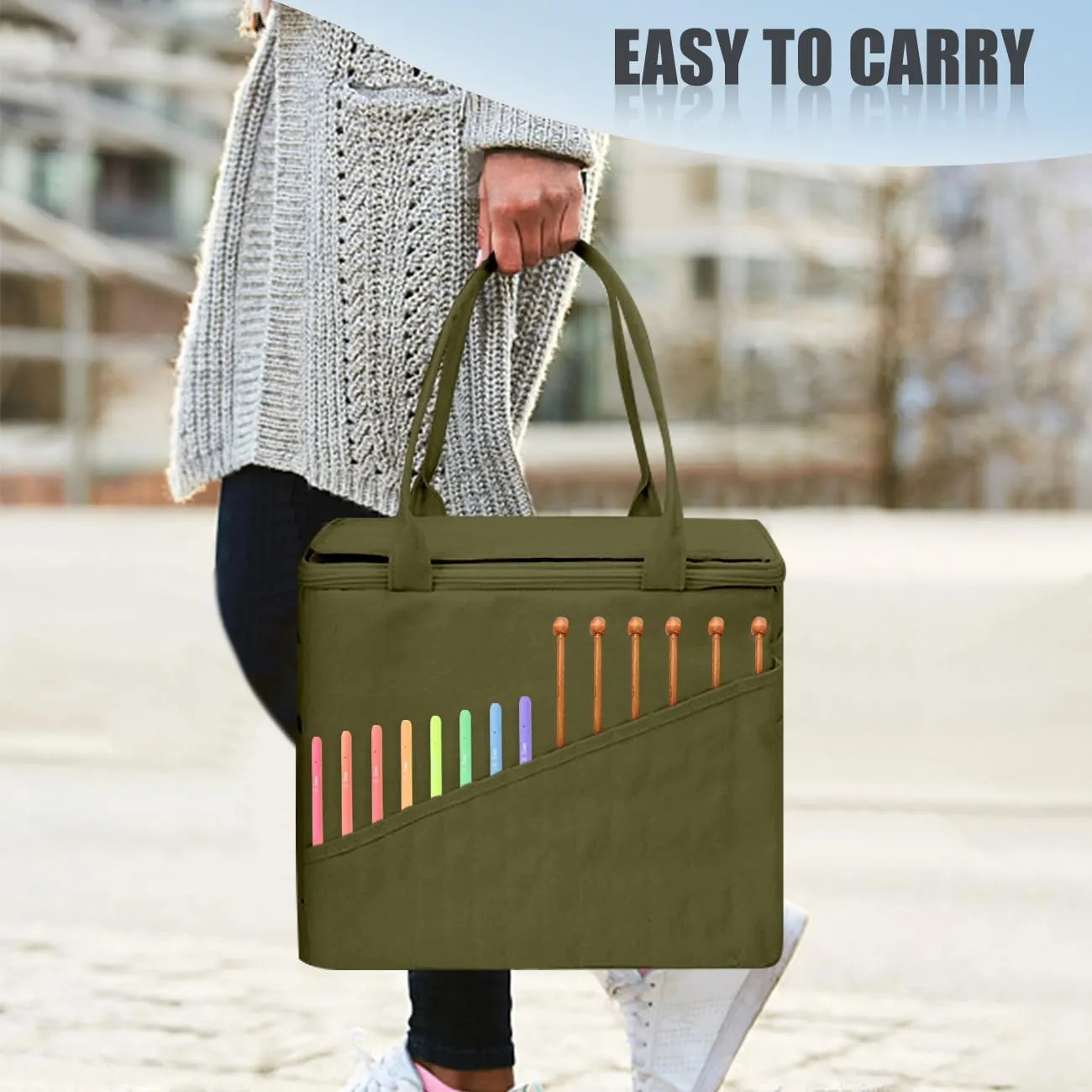 EHERDM Crochet Storage Bag Large Capacity Yarn Organizer Crocheting Supplies Holder Portable Handheld Knitting Tote for Travel Gift for DIY Craft Lovers Army Green