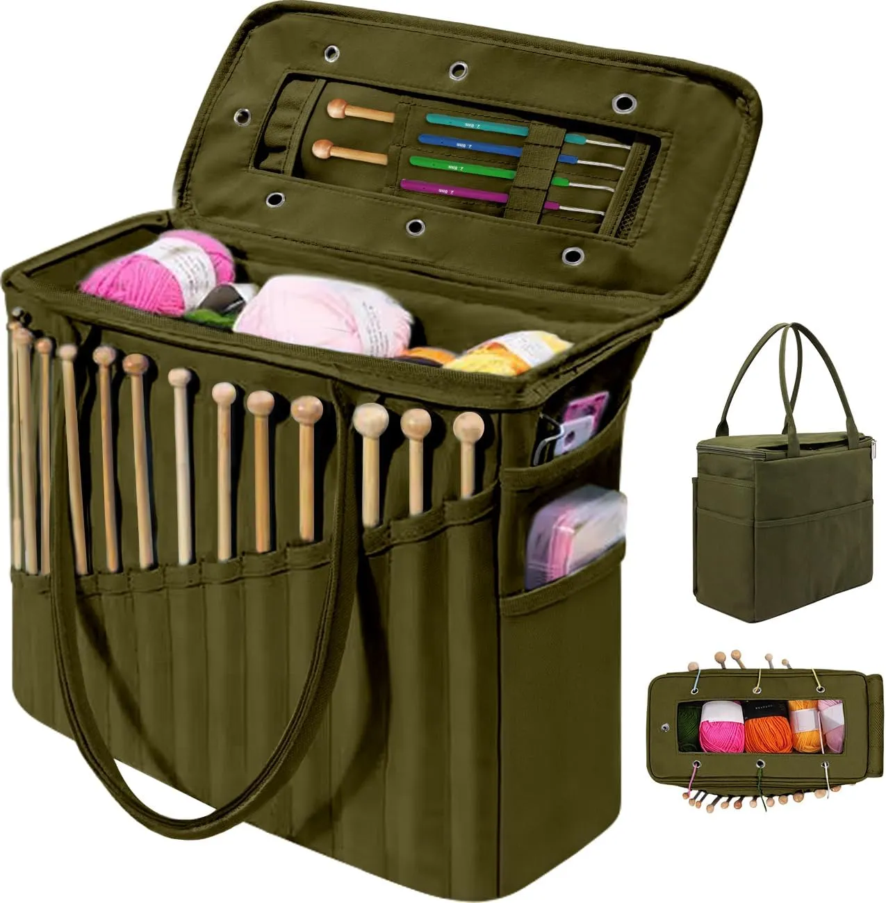 EHERDM Crochet Storage Bag Large Capacity Yarn Organizer Crocheting Supplies Holder Portable Handheld Knitting Tote for Travel Gift for DIY Craft Lovers Army Green