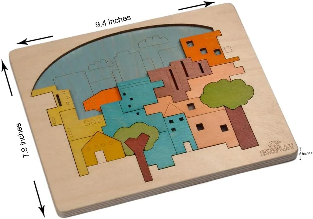 EKOPLAY’s Multi Layered Wooden Puzzles for Kids, 23 Piece Jigsaw Puzzle for School Kids, Learning Educational Toys Gifts for Boys Girls. Construction Puzzles Sets, City Construction.