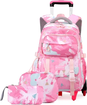 EKUIZAI Girls Trolley Backpack Set Cute Colorful Girls Rolling Backpack Middle School Trolley Schoolbag with Wheels