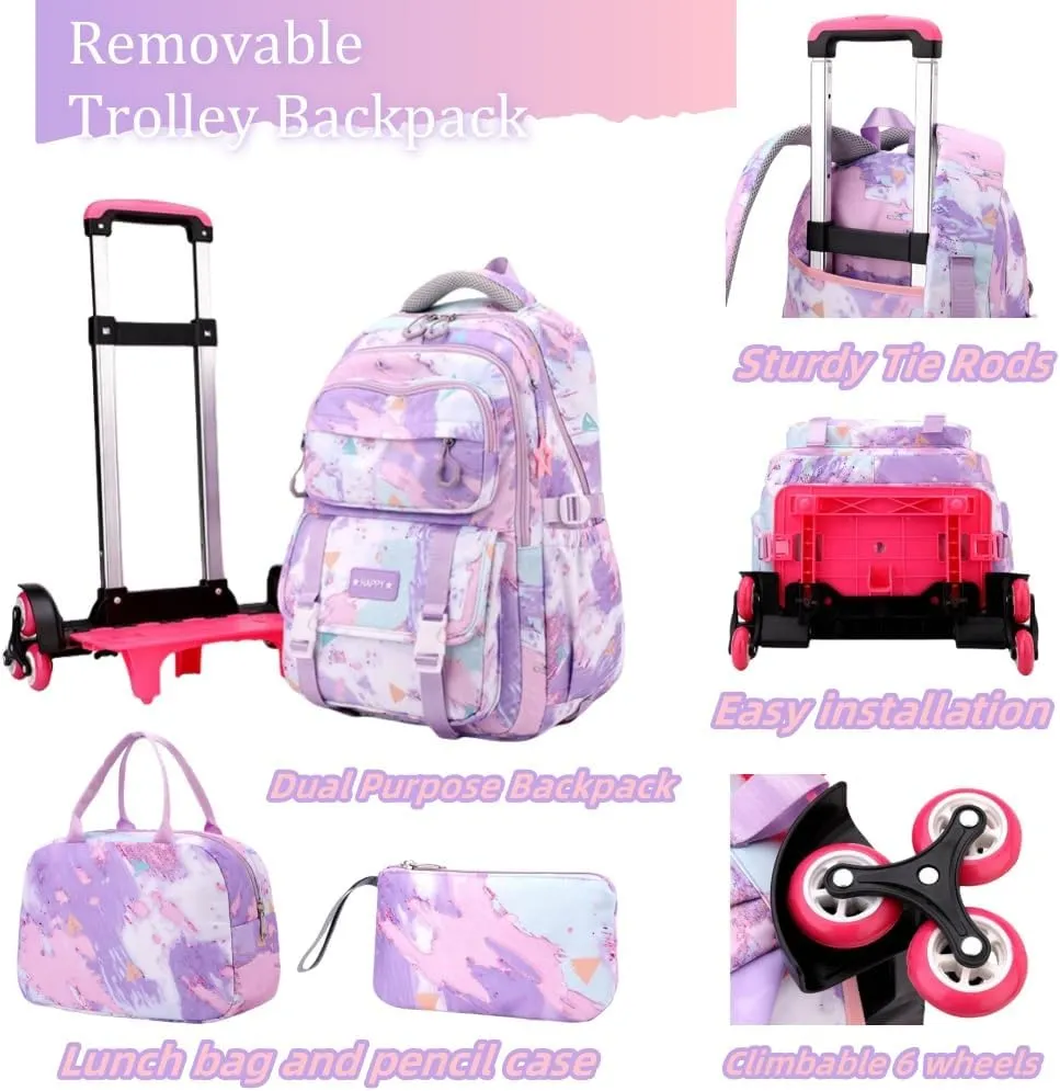 EKUIZAI Girls Trolley Backpack Set Cute Colorful Girls Rolling Backpack Middle School Trolley Schoolbag with Wheels