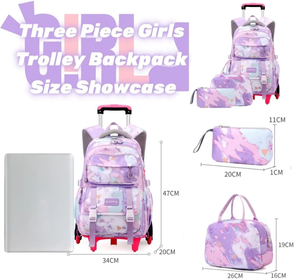 EKUIZAI Girls Trolley Backpack Set Cute Colorful Girls Rolling Backpack Middle School Trolley Schoolbag with Wheels